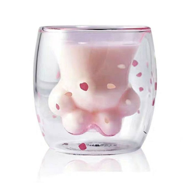 Transparent Sakura Blossoms Double Layers Paw Cat Cup