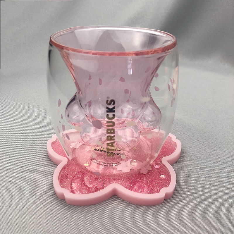 Glittering Drink Cherry Blossom Delicate Coaster Table Coaster Heat Pad With Glittering Fast Sand Flowing Drink - Cat Paw Cup