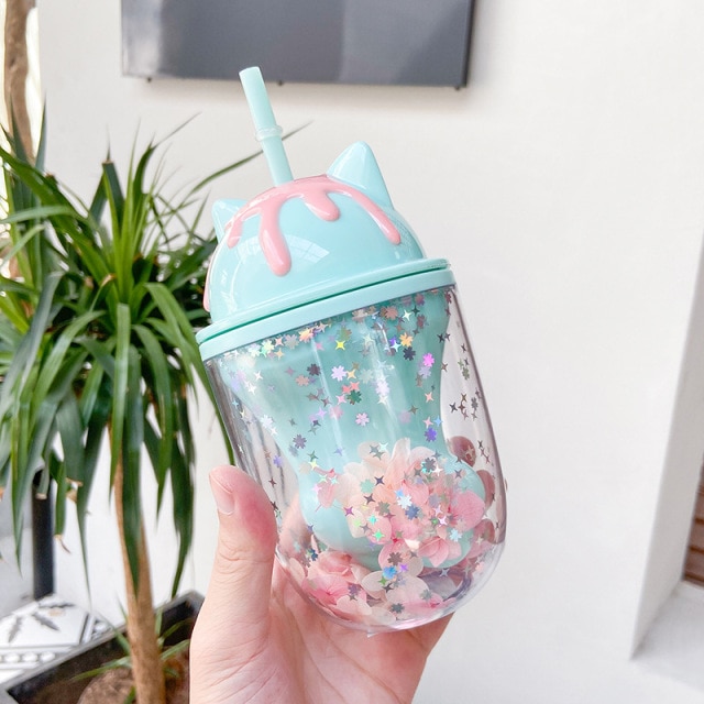 Blue Glitter Double Layers Paw Cat Cup with Lid and Straw