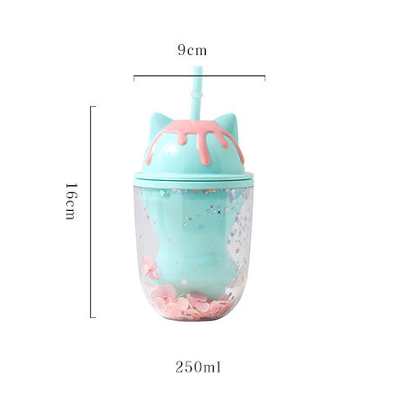 Blue Glitter Double Layers Paw Cat Cup with Lid and Straw
