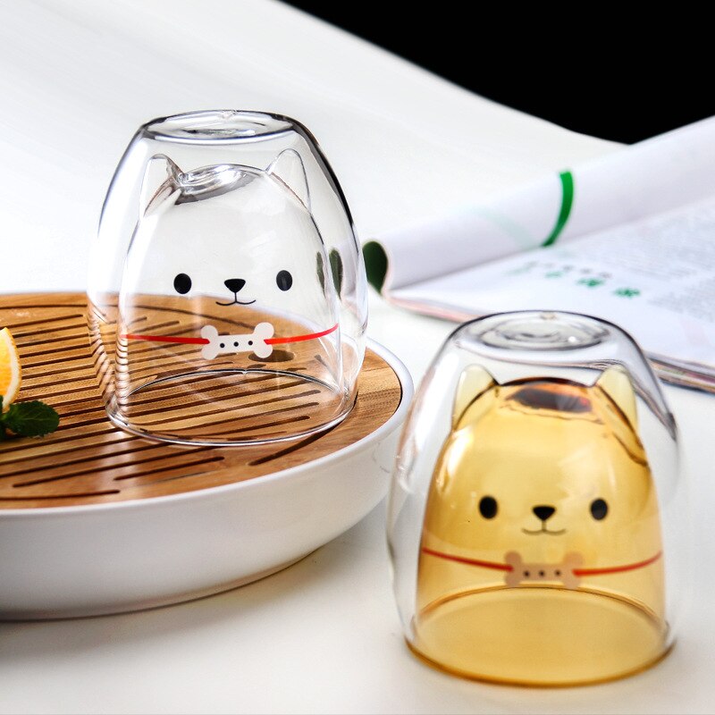 2 layers Creative Cute Glass Mug 260ml Cartoon Bear Cat Dog Duck Animal Glass Mug Cute 3 - Cat Paw Cup
