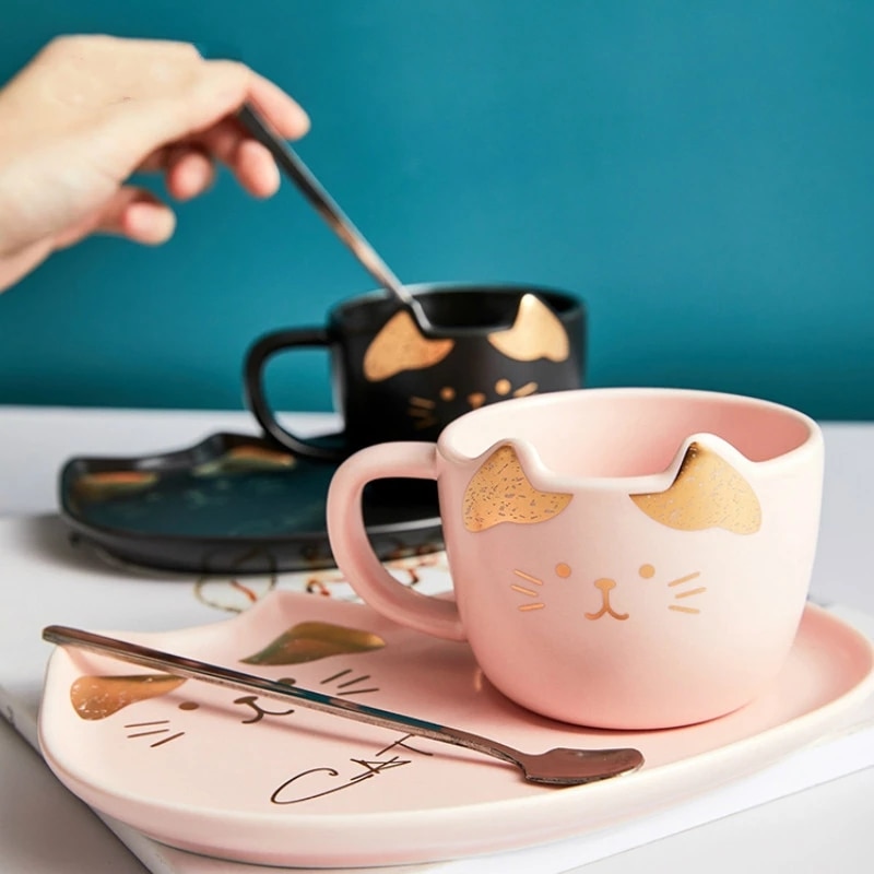 200ML Cartoon Ceramics Cat Mug Set With Saucers Spoon Coffee Milk Mugs Cute Creative Breakfast Drinkware 1 - Cat Paw Cup