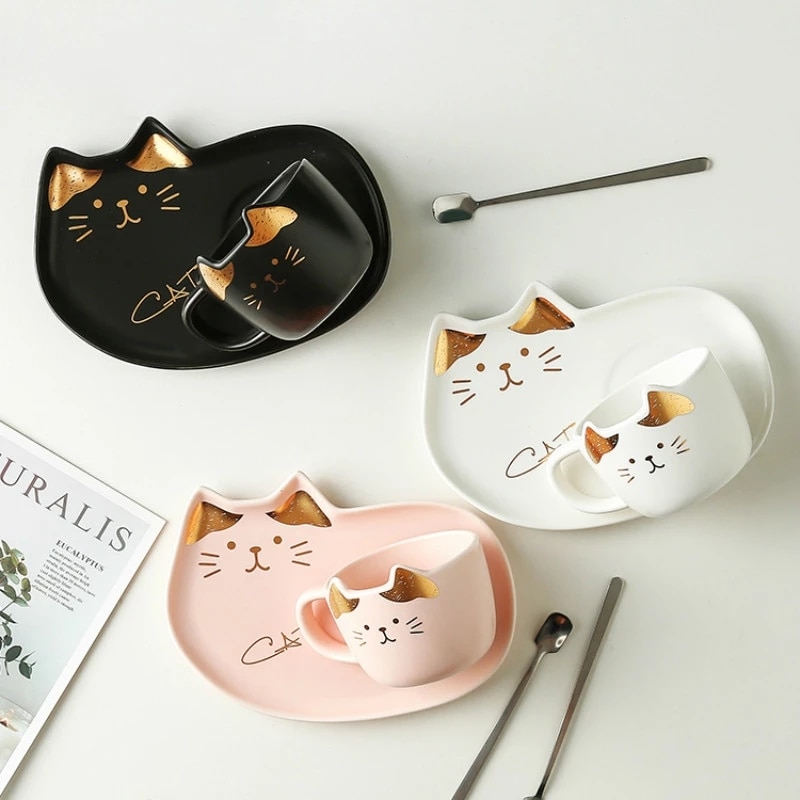 200ML Cartoon Ceramics Cat Mug Set With Saucers Spoon Coffee Milk Mugs Cute Creative Breakfast Drinkware 2 - Cat Paw Cup