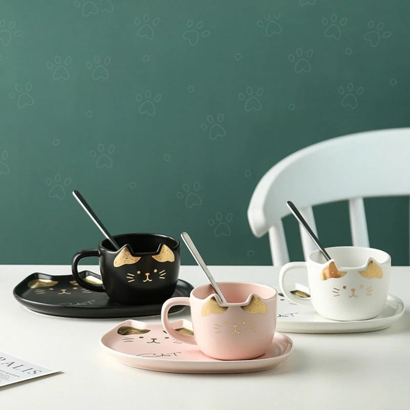 200ML Cartoon Ceramics Cat Mug Set With Saucers Spoon Coffee Milk Mugs Cute Creative Breakfast Drinkware 3 - Cat Paw Cup