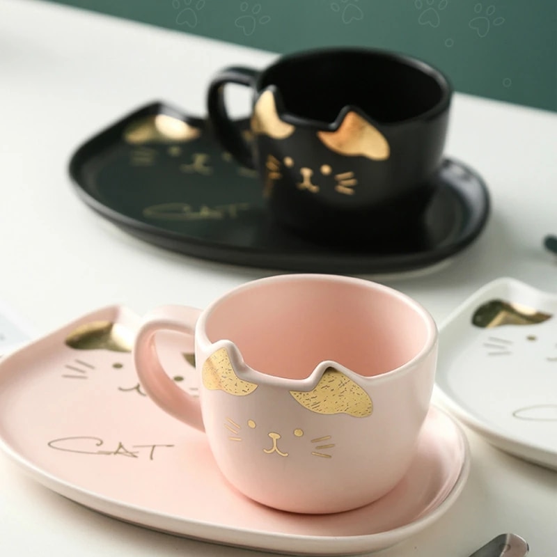 200ML Cartoon Ceramics Cat Mug Set With Saucers Spoon Coffee Milk Mugs Cute Creative Breakfast Drinkware 4 - Cat Paw Cup