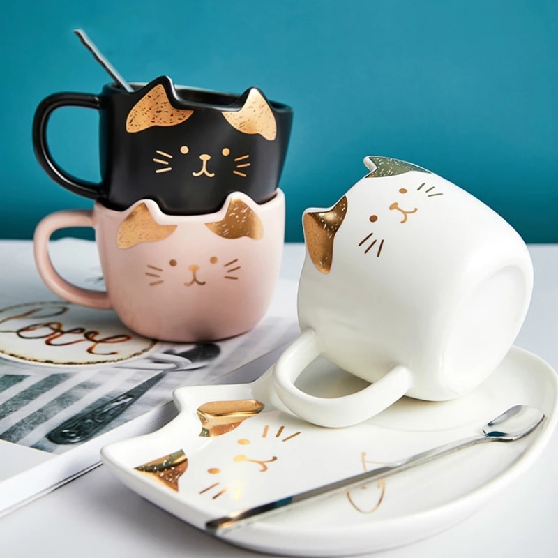 200ML Cartoon Ceramics Cat Mug Set With Saucers Spoon Coffee Milk Mugs Cute Creative Breakfast Drinkware - Cat Paw Cup
