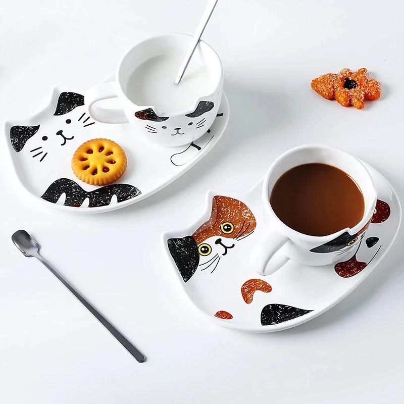 200ML Cute Cat Ceramic Coffee Set With Handle Cups Spoon Creative Animal Coffee Cup Creative Tea 1 - Cat Paw Cup