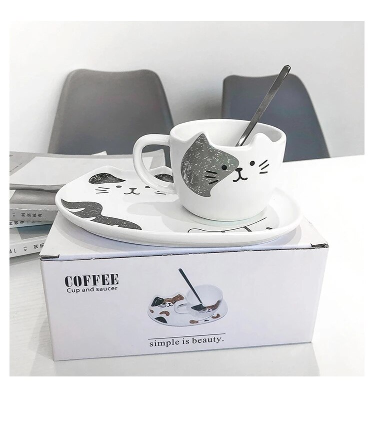 200ML Cute Cat Ceramic Coffee Set With Handle Cups Spoon Creative Animal Coffee Cup Creative Tea 4 - Cat Paw Cup
