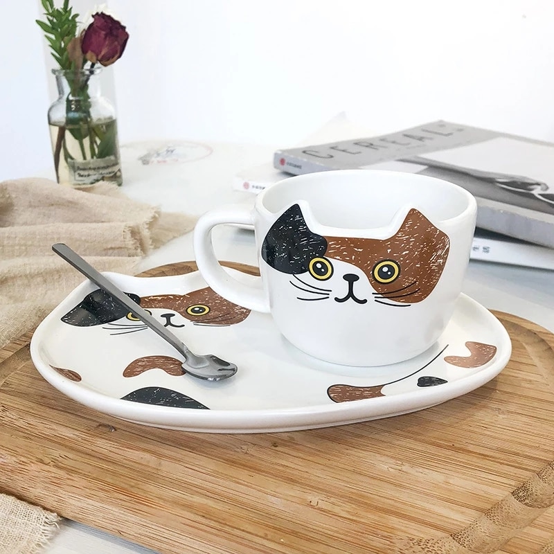 200ML Cute Cat Ceramic Coffee Set With Handle Cups Spoon Creative Animal Coffee Cup Creative Tea - Cat Paw Cup