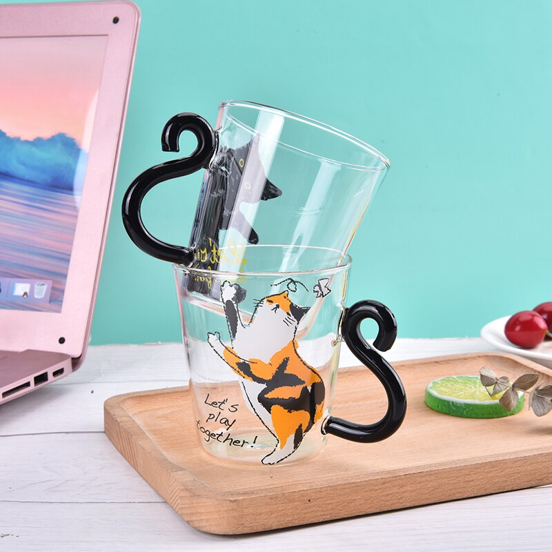 250ML Cute Cat Glass Juice Coffee Cup Milk Tea Coffee Glass Mug Cat Tail Handle Creative 2 - Cat Paw Cup
