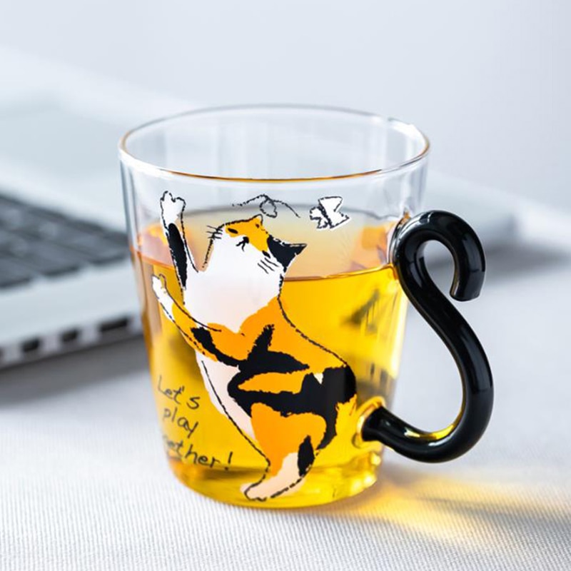 250ML Cute Cat Glass Juice Coffee Cup Milk Tea Coffee Glass Mug Cat Tail Handle Creative - Cat Paw Cup