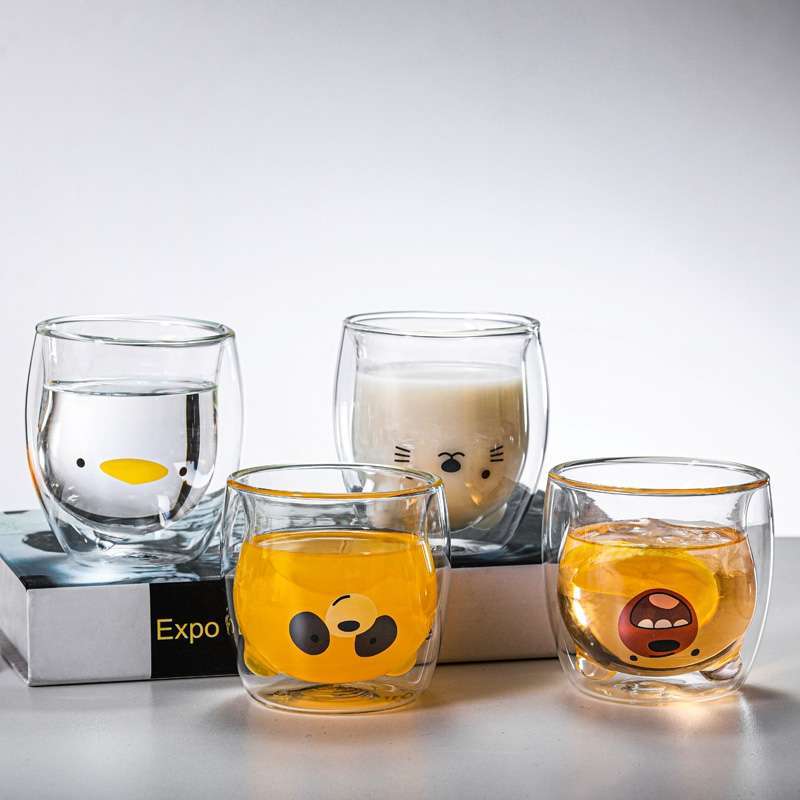 250ml Cute Double layer Glass Mug Bear Cat Dog Animal Insulated Glass Cup Creative Beer Milk 3 - Cat Paw Cup