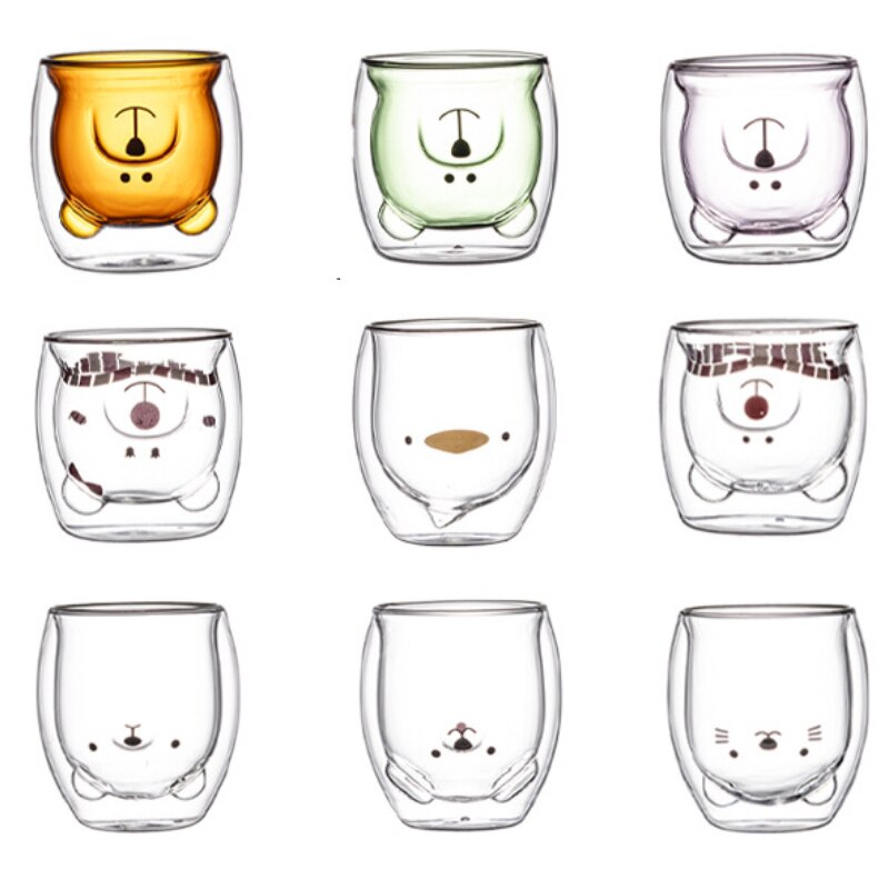 250ml Cute Double layer Glass Mug Bear Cat Dog Animal Insulated Glass Cup Creative Beer Milk 5 - Cat Paw Cup