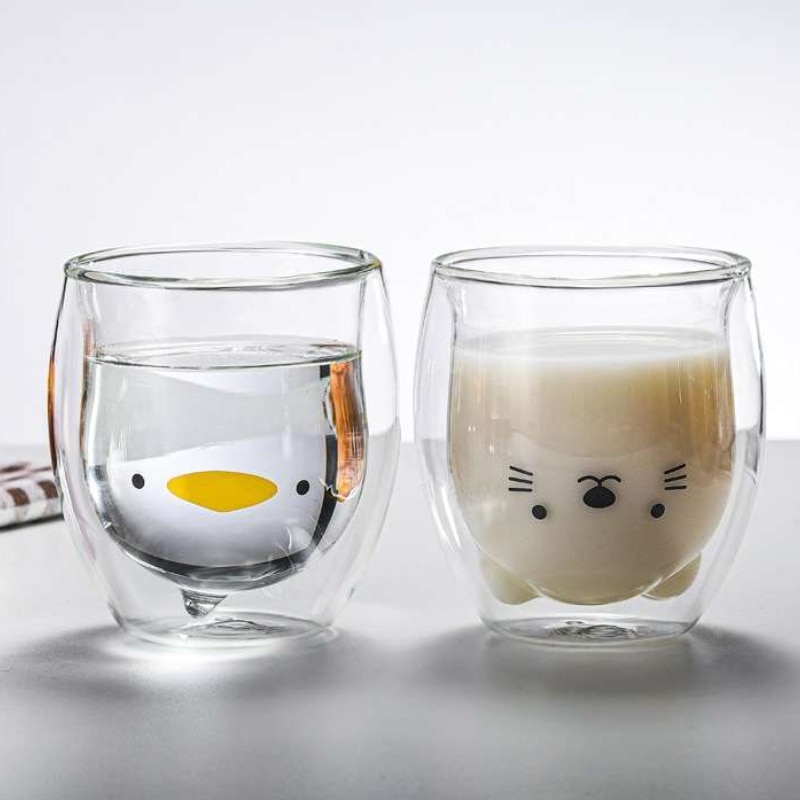 250ml Cute Double layer Glass Mug Bear Cat Dog Animal Insulated Glass Cup Creative Beer Milk - Cat Paw Cup