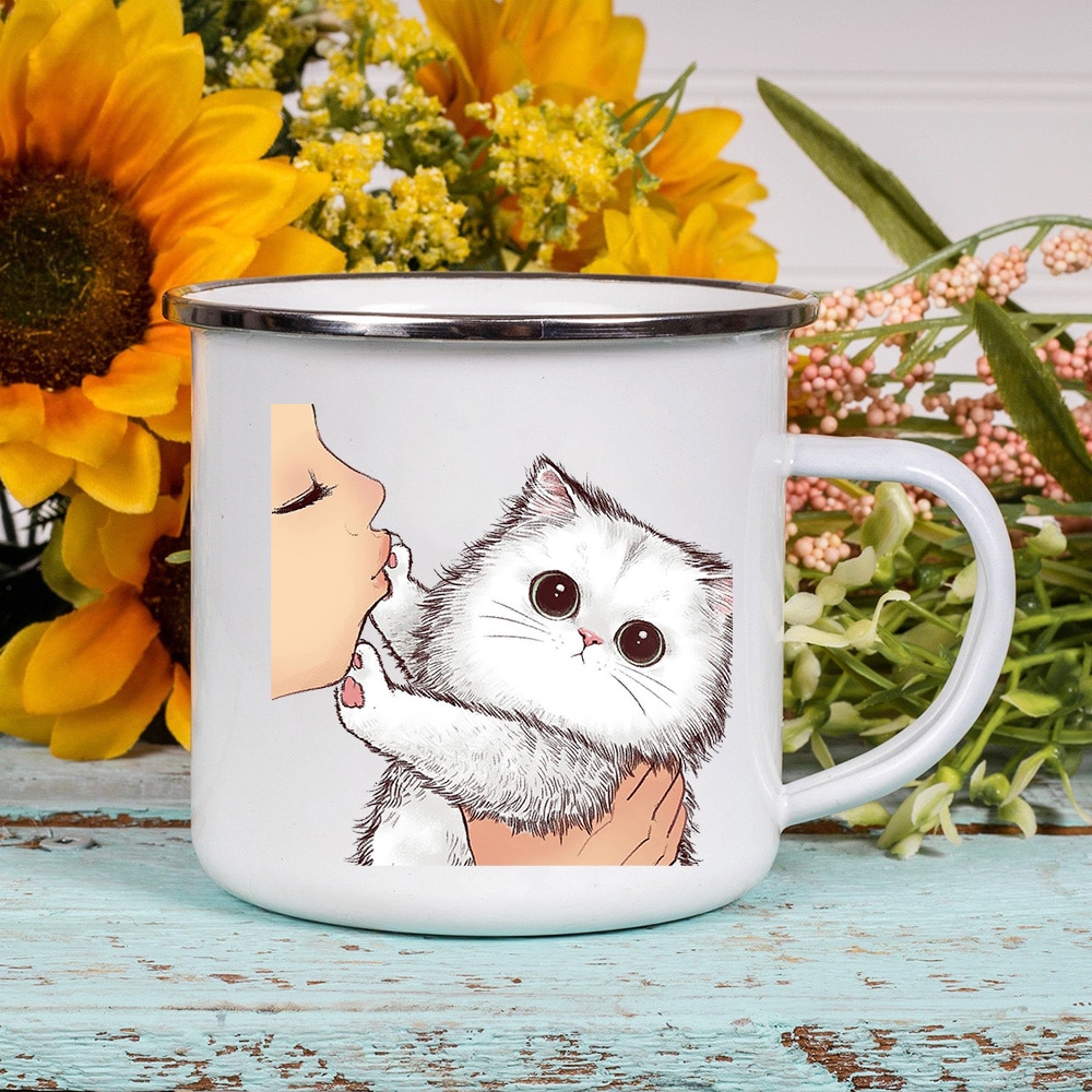 Cartoon Cat Print Enamel Coffee Tea Mugs Cute Animal Breakfast Dessert Milk Water Cups Love Cat 1 - Cat Paw Cup