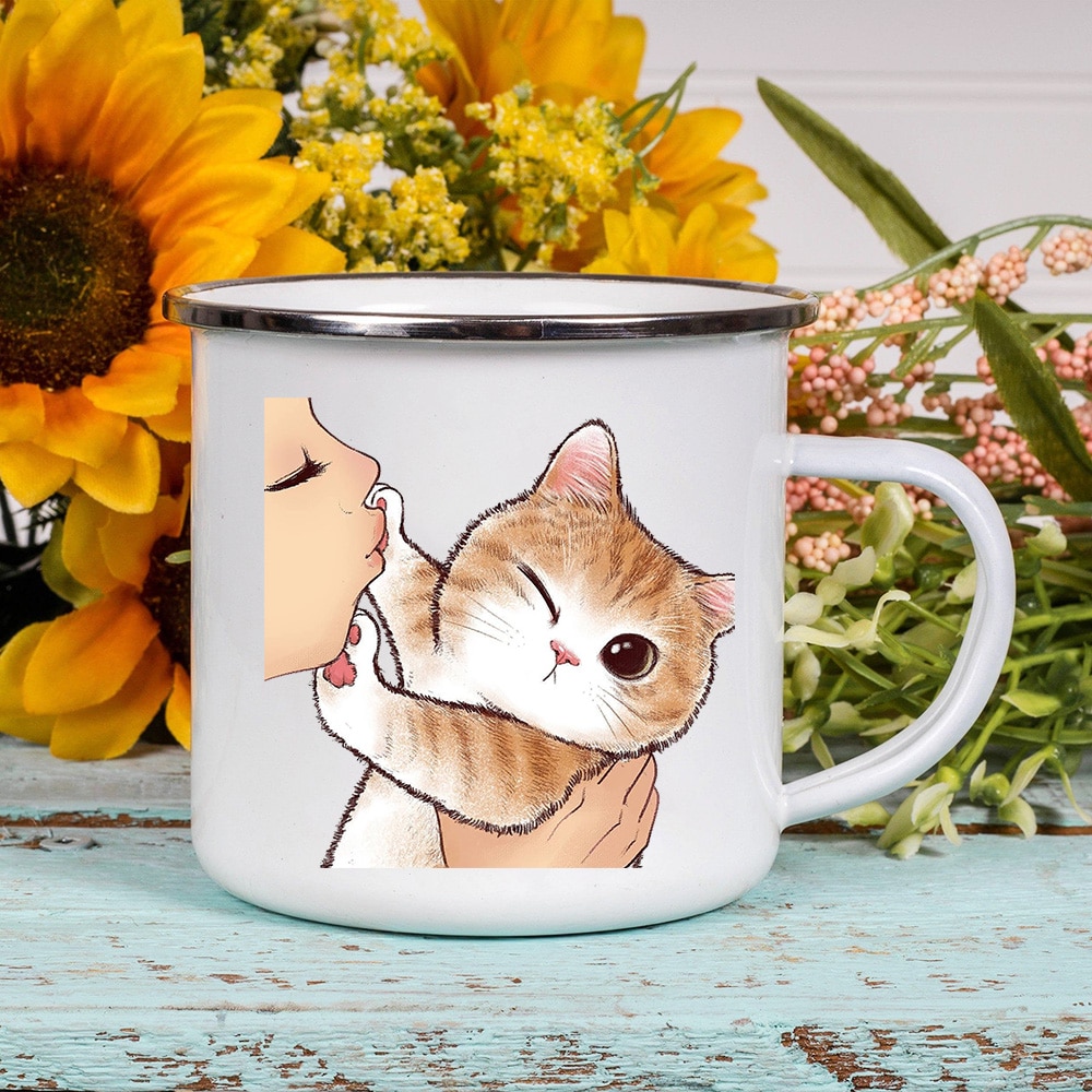 Cartoon Cat Print Enamel Coffee Tea Mugs Cute Animal Breakfast Dessert Milk Water Cups Love Cat 2 - Cat Paw Cup
