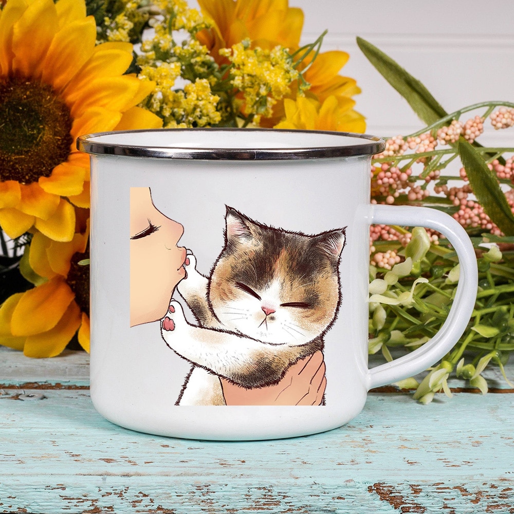 Cartoon Cat Print Enamel Coffee Tea Mugs Cute Animal Breakfast Dessert Milk Water Cups Love Cat 3 - Cat Paw Cup
