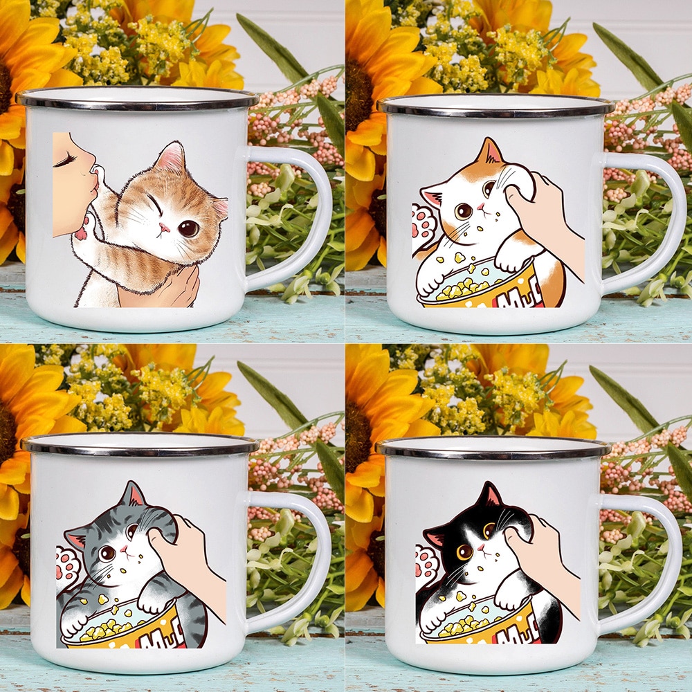Cartoon Cat Print Enamel Coffee Tea Mugs Cute Animal Breakfast Dessert Milk Water Cups Love Cat - Cat Paw Cup