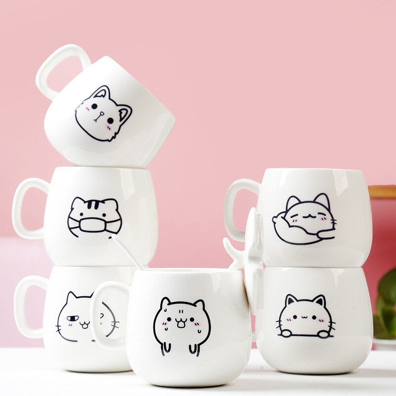 Cartoon Porcelain Cup Coffee Cup Mug Breakfast Cup with Cover Spoon Milk Cup Cute Couple Creative 1 - Cat Paw Cup