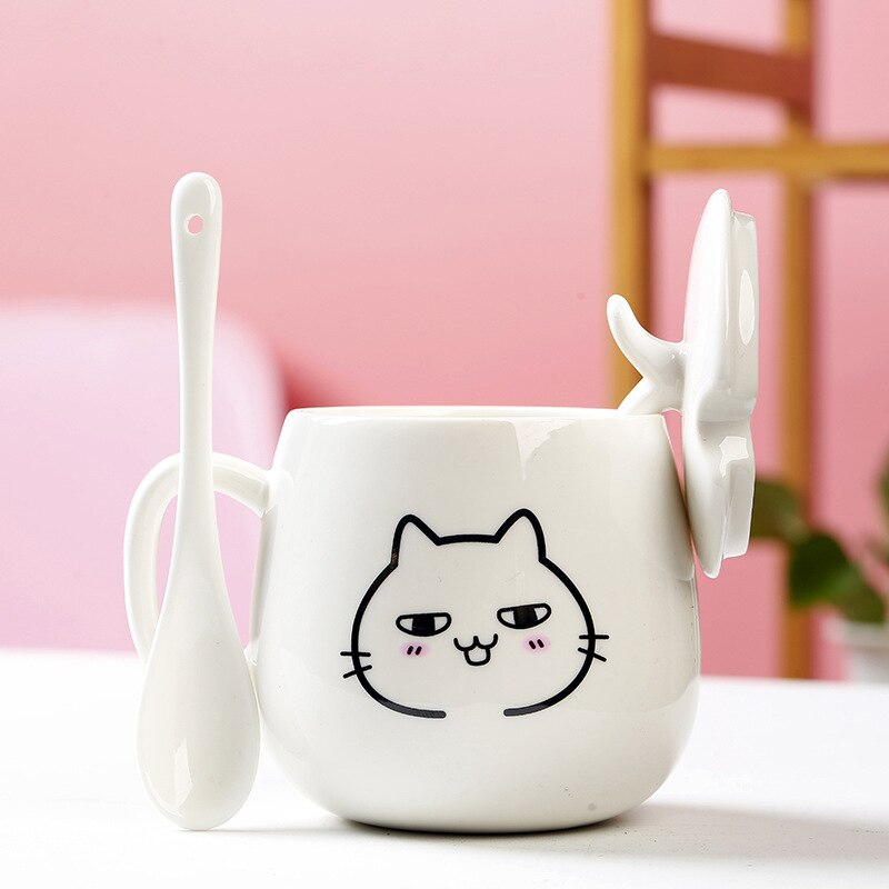 Cartoon Porcelain Cup Coffee Cup Mug Breakfast Cup with Cover Spoon Milk Cup Cute Couple Creative 2 - Cat Paw Cup