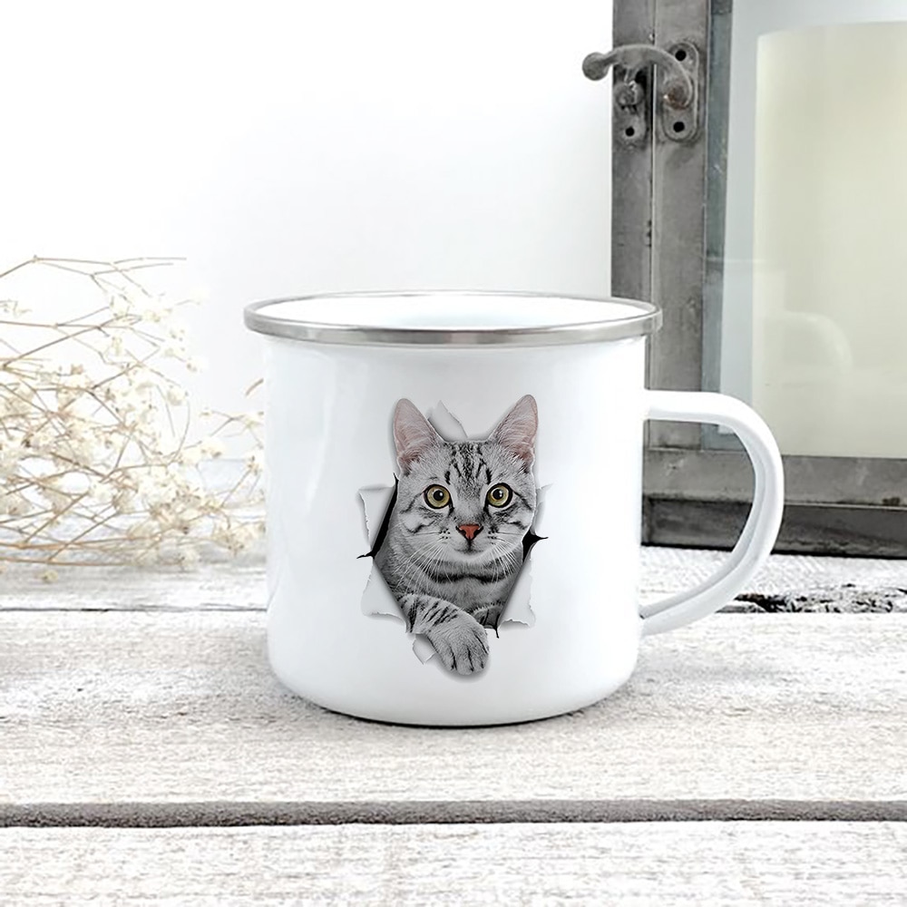 Creative 3d Print Cat Enamel Coffee Tea Mugs Home Breakfast Dessert Milk Oat Cups with Handle 4 - Cat Paw Cup