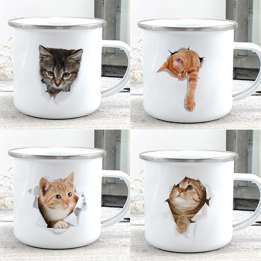 Creative 3d Print Cat Enamel Coffee Tea Mugs Home Breakfast Dessert Milk Oat Cups with Handle - Cat Paw Cup