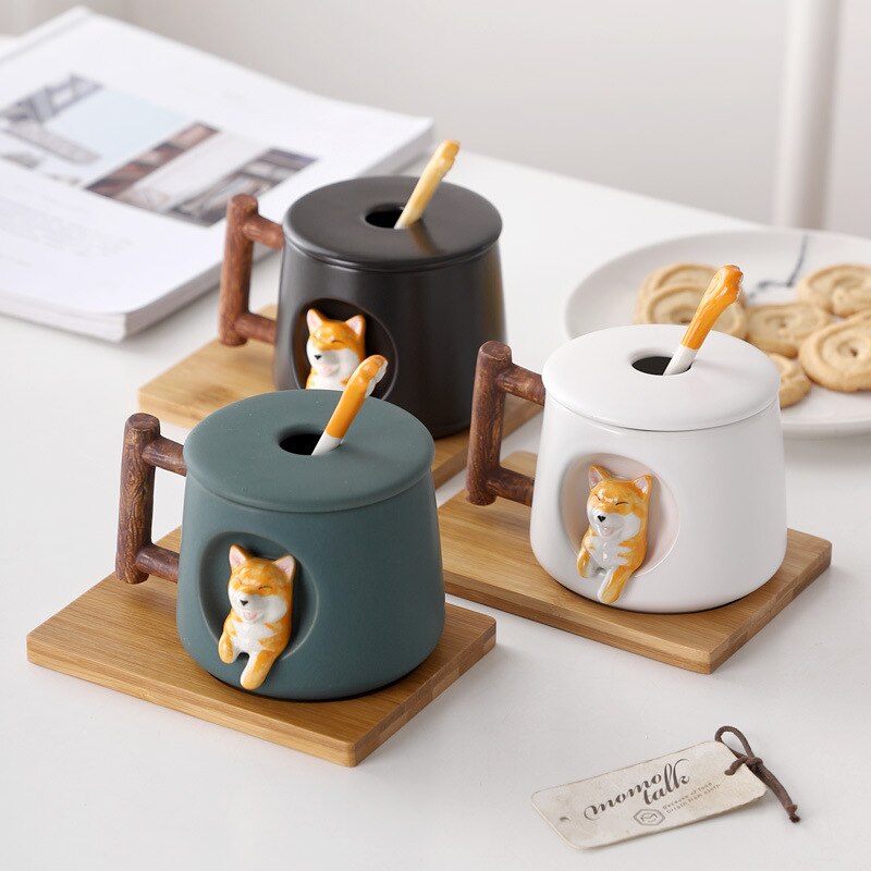 Creative Ceramic Personality Cute Mug with Lid Spoon Home Couple Men and Women Coffee Cup Shiba 1 - Cat Paw Cup
