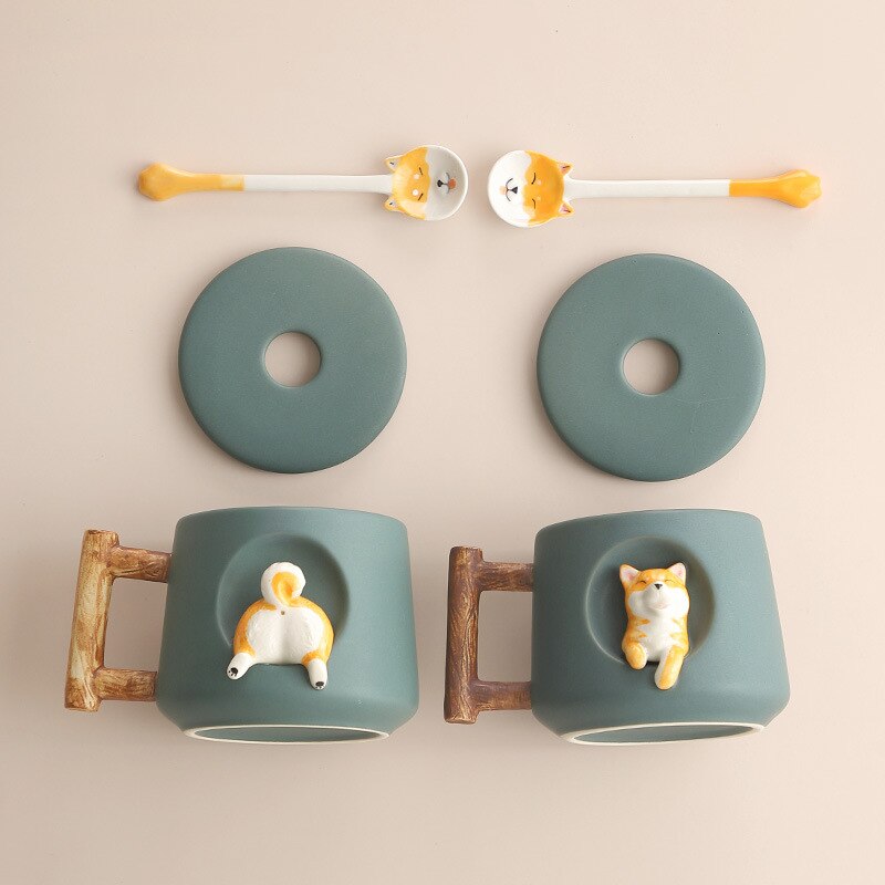 Creative Ceramic Personality Cute Mug with Lid Spoon Home Couple Men and Women Coffee Cup Shiba 3 - Cat Paw Cup