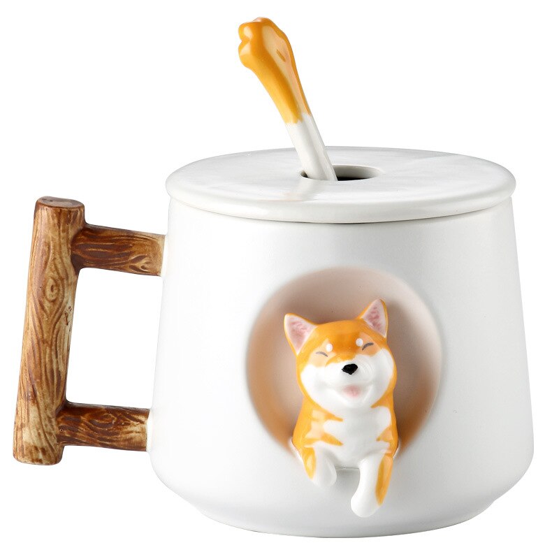 Creative Ceramic Personality Cute Mug with Lid Spoon Home Couple Men and Women Coffee Cup Shiba 4 - Cat Paw Cup