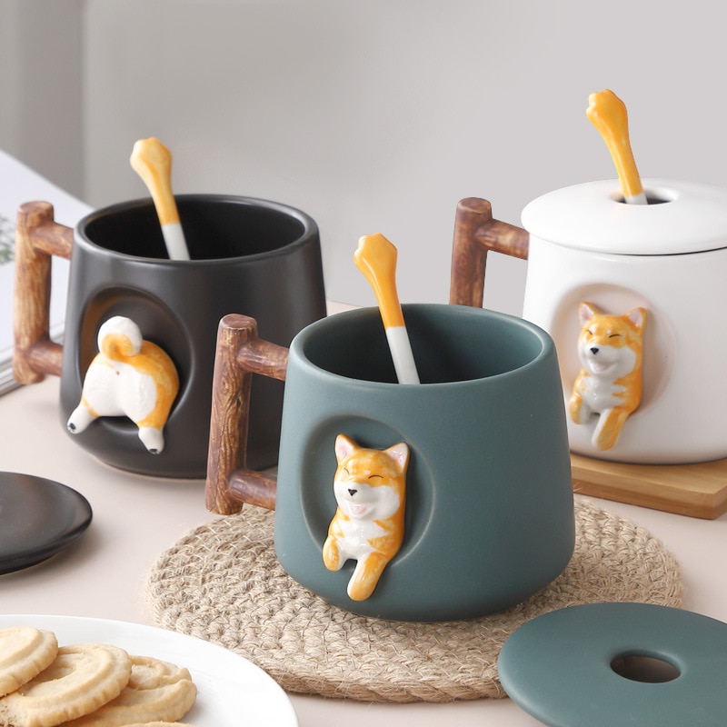 Creative Ceramic Personality Cute Mug with Lid Spoon Home Couple Men and Women Coffee Cup Shiba - Cat Paw Cup
