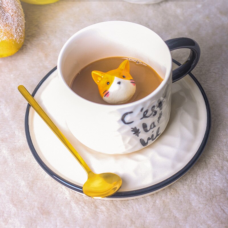 Creative Ceramics Mug With Spoon Tray Dish Cute Cat Relief Coffee Milk Tea Handle Porcelain Cup 1 - Cat Paw Cup