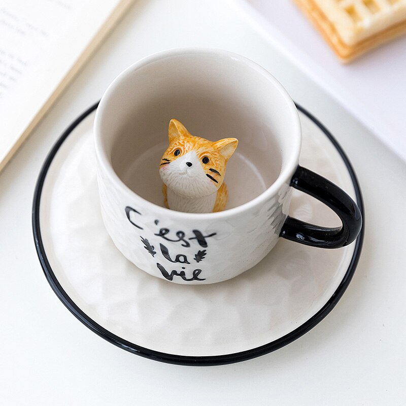 Creative Ceramics Mug With Spoon Tray Dish Cute Cat Relief Coffee Milk Tea Handle Porcelain Cup 2 - Cat Paw Cup