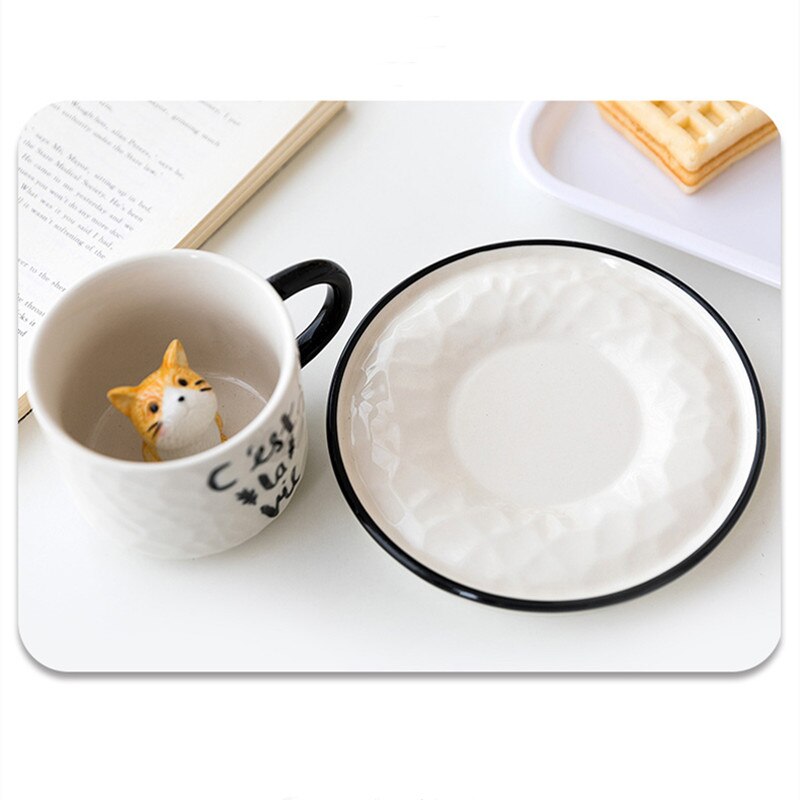 Creative Ceramics Mug With Spoon Tray Dish Cute Cat Relief Coffee Milk Tea Handle Porcelain Cup 4 - Cat Paw Cup