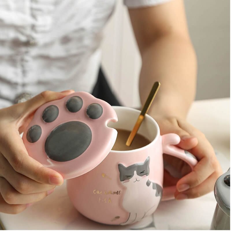 Cute Cat Coffee Cup Ceramic Cup with CAT S Paw Cover Afternoon Tea Tea Cup Drinking 4 - Cat Paw Cup