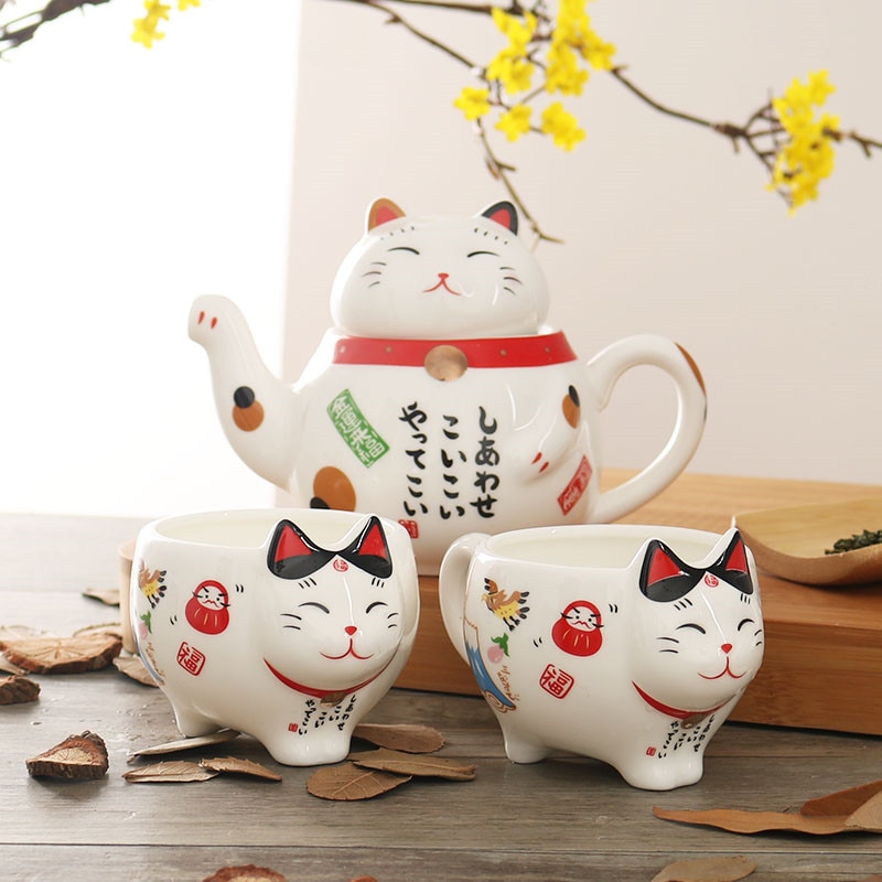 Cute Japanese Lucky Cat Porcelain Tea Set Creative Maneki Neko Ceramic Tea Cup Kettle with Strainer - Cat Paw Cup