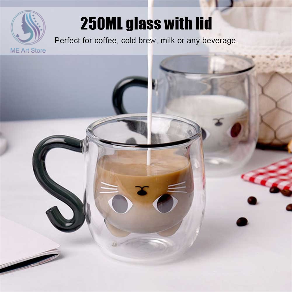 Double Wall Glass Milk Juice Cup Creative Cute Cat Shape Coffee Mug Cartoon Couple Teacup with 2 - Cat Paw Cup