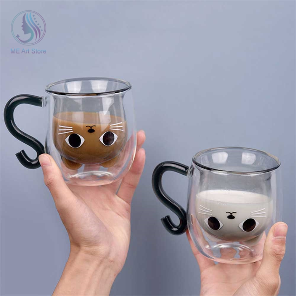 Double Wall Glass Milk Juice Cup Creative Cute Cat Shape Coffee Mug Cartoon Couple Teacup with 3 - Cat Paw Cup