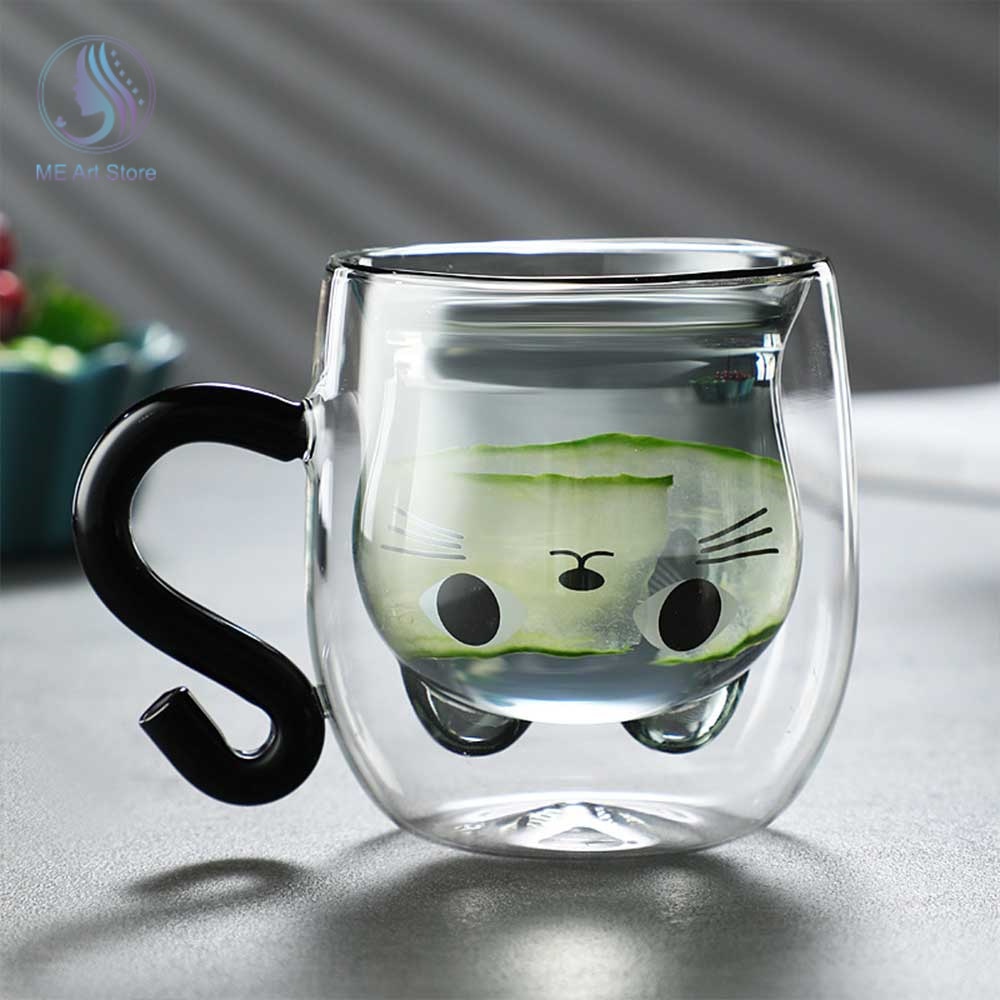 Double Wall Glass Milk Juice Cup Creative Cute Cat Shape Coffee Mug Cartoon Couple Teacup with - Cat Paw Cup