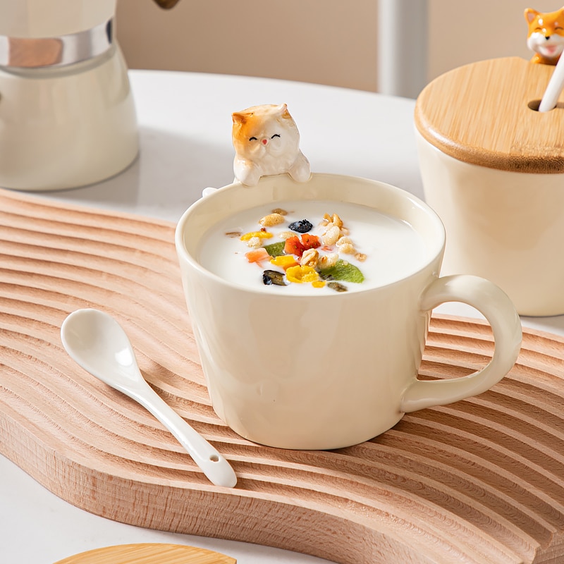 Ins Hot Cat Dog Cartoon Mugs Japanese Style Ceramic Simple Design Coffee Mug Cup with Bamboo 3 - Cat Paw Cup