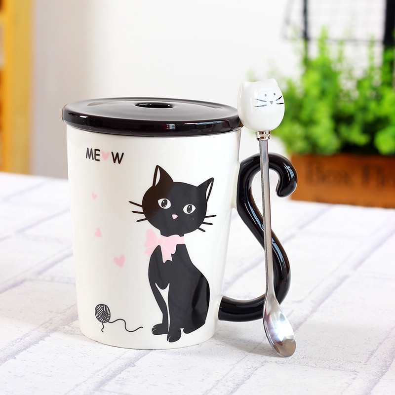 New Lovely Cat Tail Handle Mugs Cup Ceramic Coffee Tea Milk Drinkware With Spoon Cover Three 1 - Cat Paw Cup