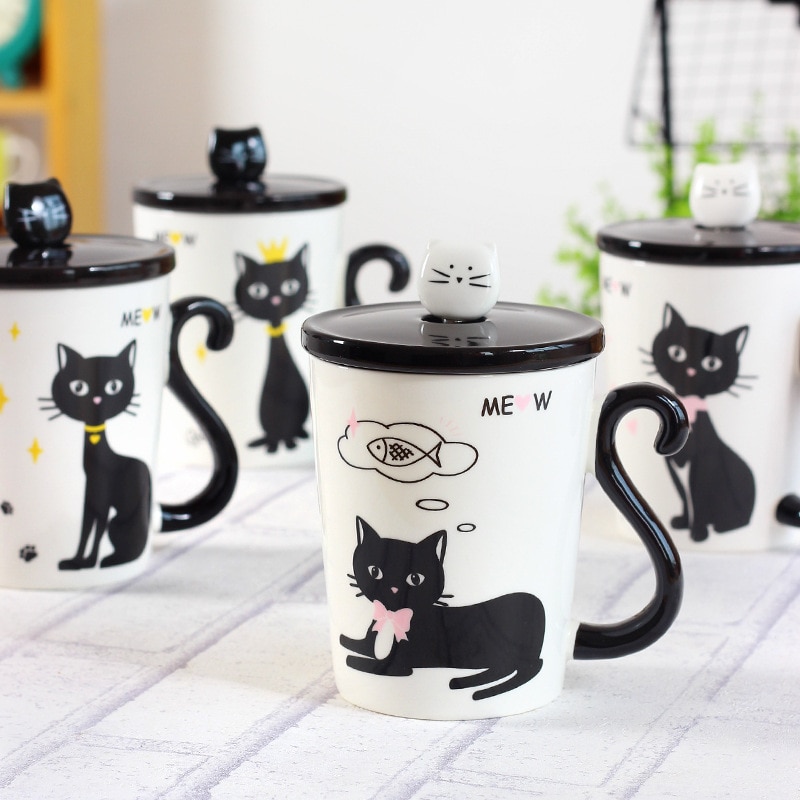 New Lovely Cat Tail Handle Mugs Cup Ceramic Coffee Tea Milk Drinkware With Spoon Cover Three 2 - Cat Paw Cup