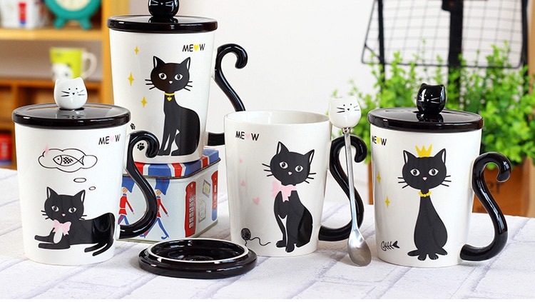 New Lovely Cat Tail Handle Mugs Cup Ceramic Coffee Tea Milk Drinkware With Spoon Cover Three 4 - Cat Paw Cup