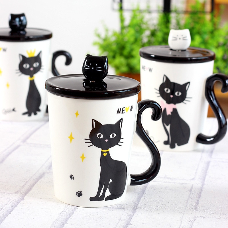 New Lovely Cat Tail Handle Mugs Cup Ceramic Coffee Tea Milk Drinkware With Spoon Cover Three - Cat Paw Cup